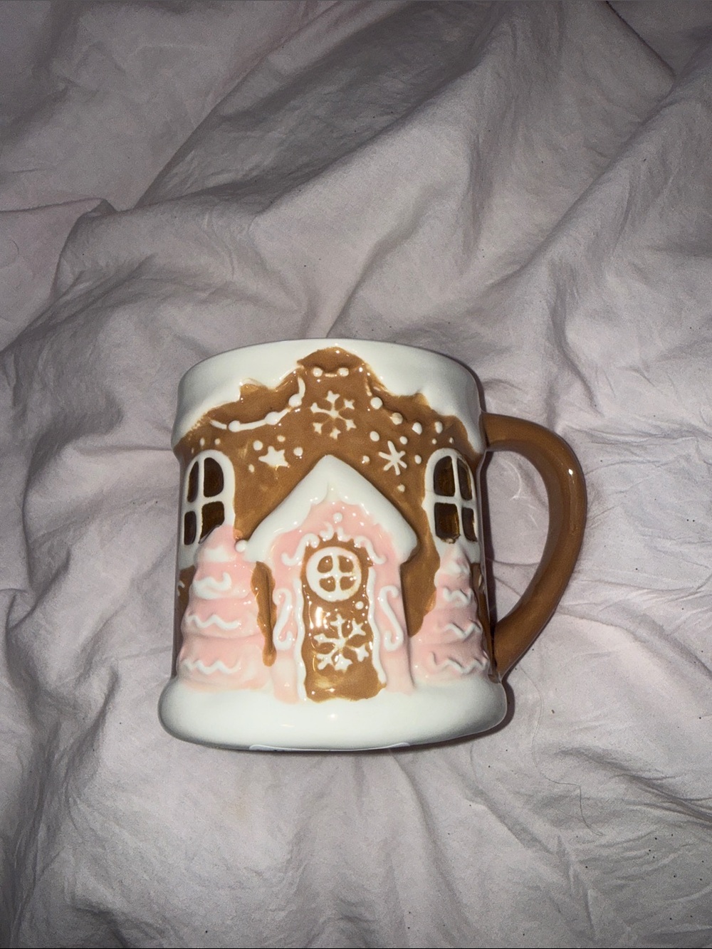 Gingerbread House Ceramic Mug in Brown and Pink